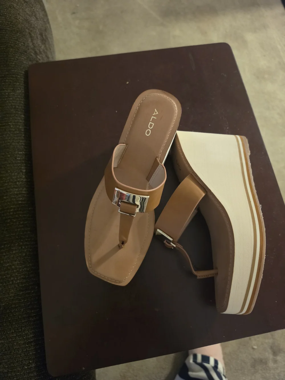 ALDO Brown Leather Platform Wedge Thong Sandals with Cream Sole